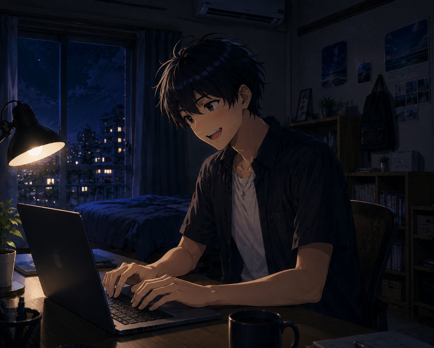部屋でラジオを聴くリスナーの主人公
