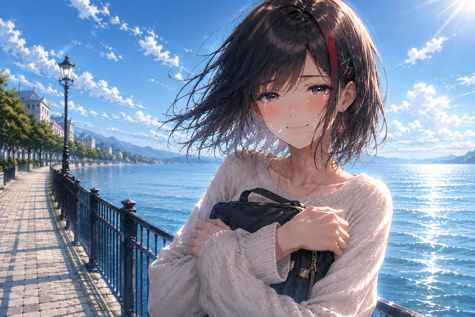 青い海辺で涙を浮かべて微笑むAira