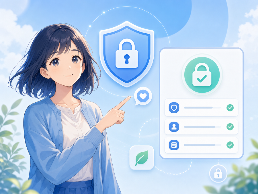 まもりんちゃんがプライバシー重視の見守りを案内するイラスト