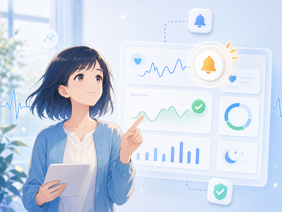 まもりんちゃんが異変の早期検知を案内するイラスト