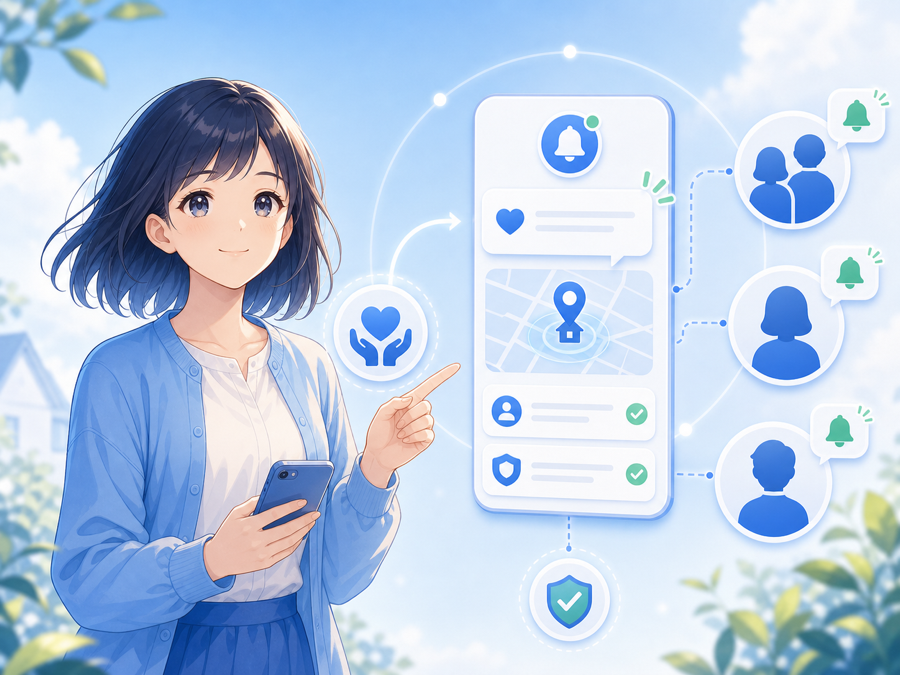 まもりんちゃんが家族と支援者への通知を案内するイラスト