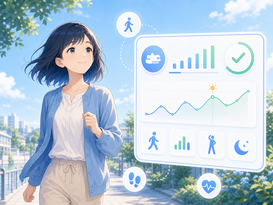 まもりんちゃんが活動量の変化を案内するイラスト