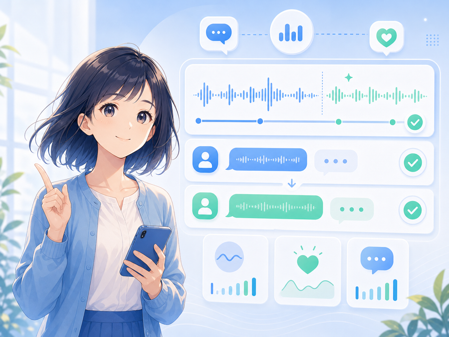 まもりんちゃんが会話や声の変化を案内するイラスト